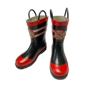 Fire Department Boys Rubber Waterproof Mid-Calf  Red Black Pull On Rain Boots